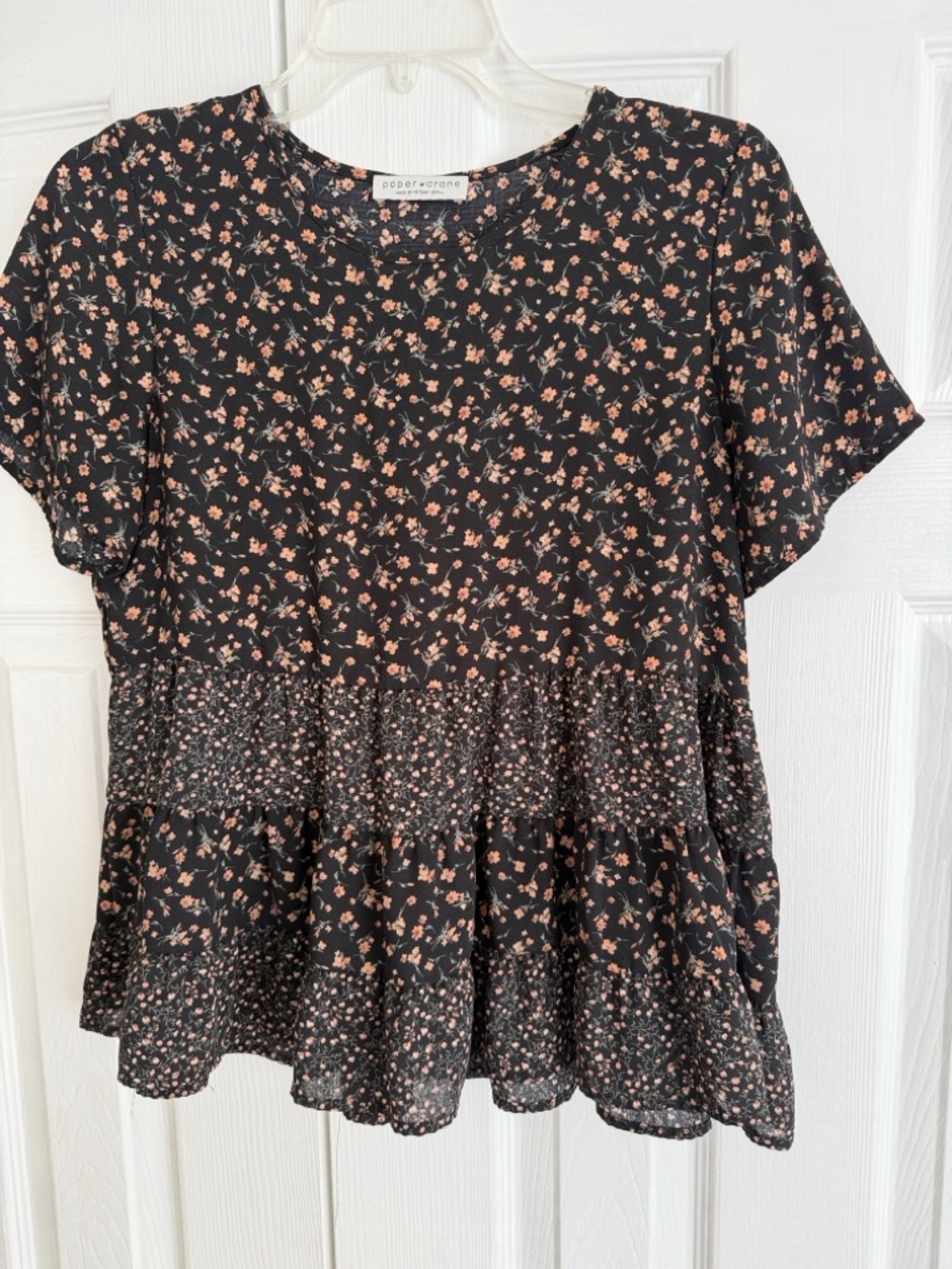 Paper Crane Black Floral Peplum Tunic with Peach Blossoms